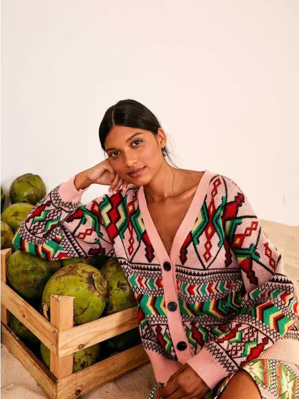 FARM Rio Pink Multi-Color Geometric Button Cardigan